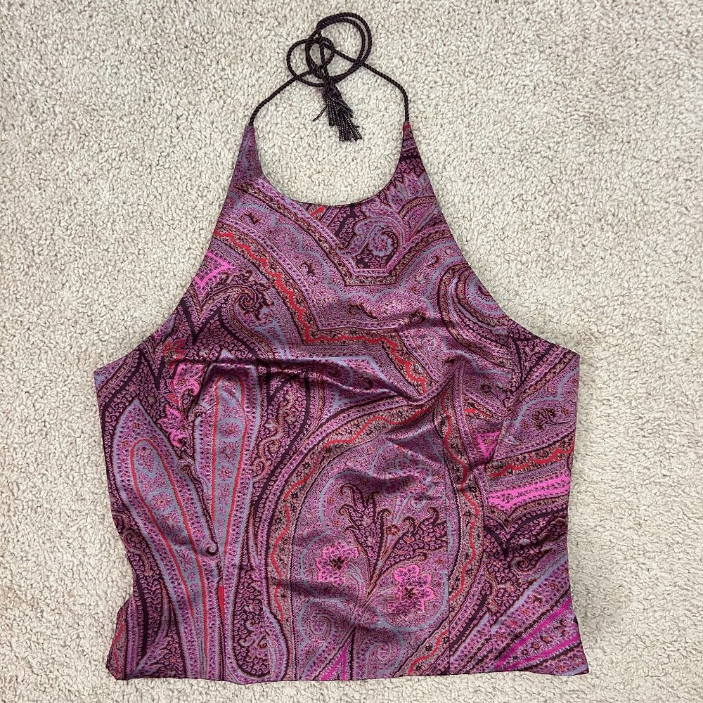 Ann Taylor Purple Paisley Cotton Blend Halter Beaded Top 6 S